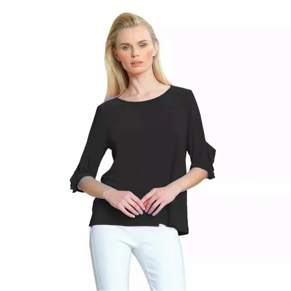 Clara Sunwoo Medium Ruffle Half Sleeve Top Black Made in USA - Picture 2 of 6